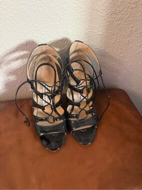 Manolo Blahnik Black Patent Lace-Up Heeled Sandals